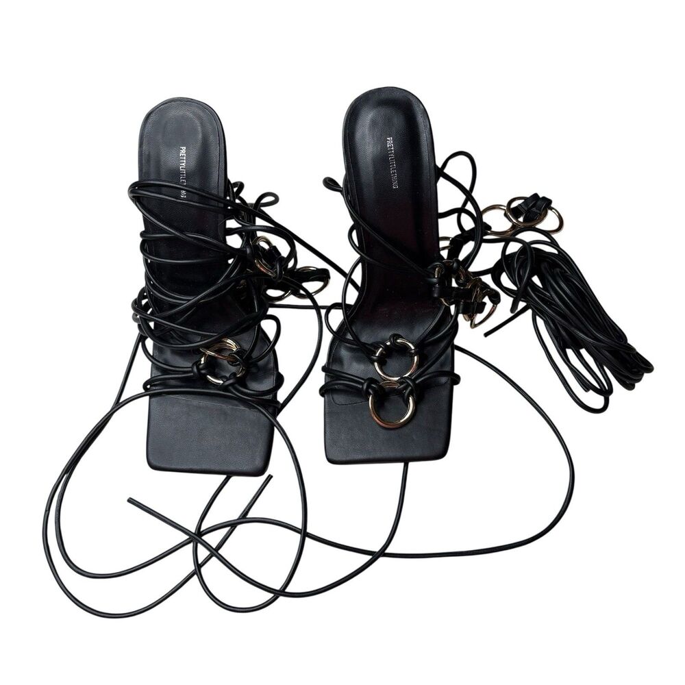 Pretty Little Thing Black Square Toe Stylish Lace Up Silver High Heels 4" Size 6 - Picture 9 of 9